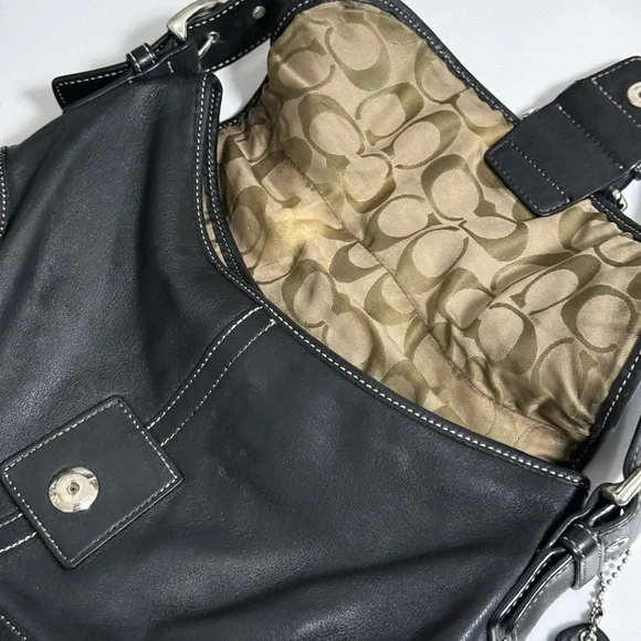 Coach Dark Leather Shoulder Bag with Silver Accents